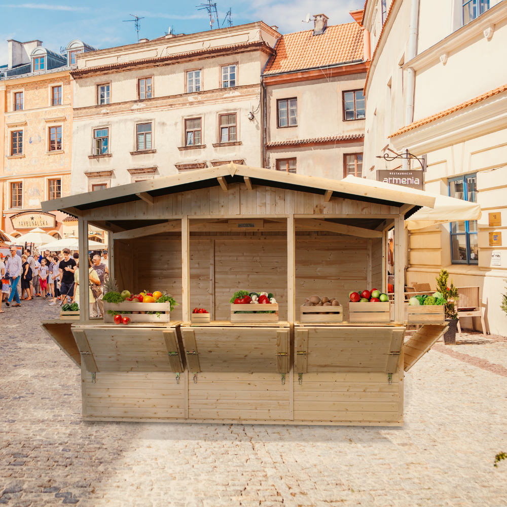 Maison de jardin en bois, étal de marché en bois, grand stand de vendeur avec comptoir, cinq fenêtres, h232x336x263 cm/6m2, m150b