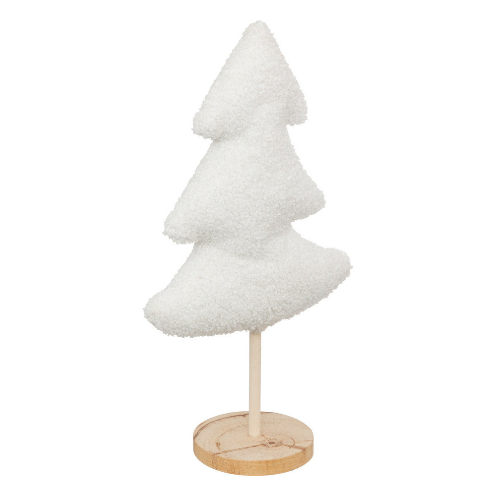 Déco de noël sapin en bois et tissu blanc à bouclettes l 19 x h 35 cm