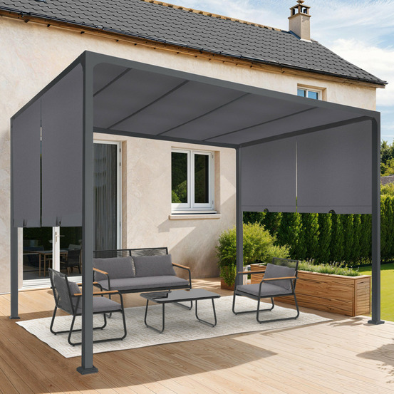 Pergola coulissante 2 pans 3x3 m belvédère de jardin toile gris anthracite