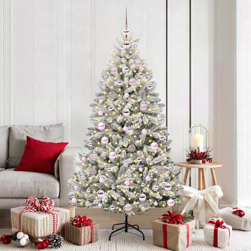 Sapin de noël artificiel 180 cm style hivernal, décoré led et 120 boules