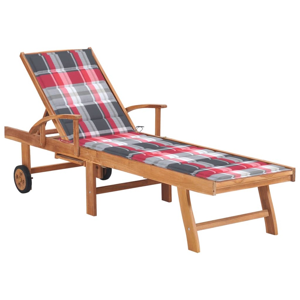 Transat chaise longue bain de soleil lit de jardin terrasse meuble d'extérieur avec coussin à carreaux rouge bois de teck sol