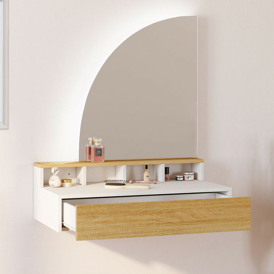 Coiffeuse suspendue zelia miroir led avec 4 niches, 1 tiroir bois et blanc