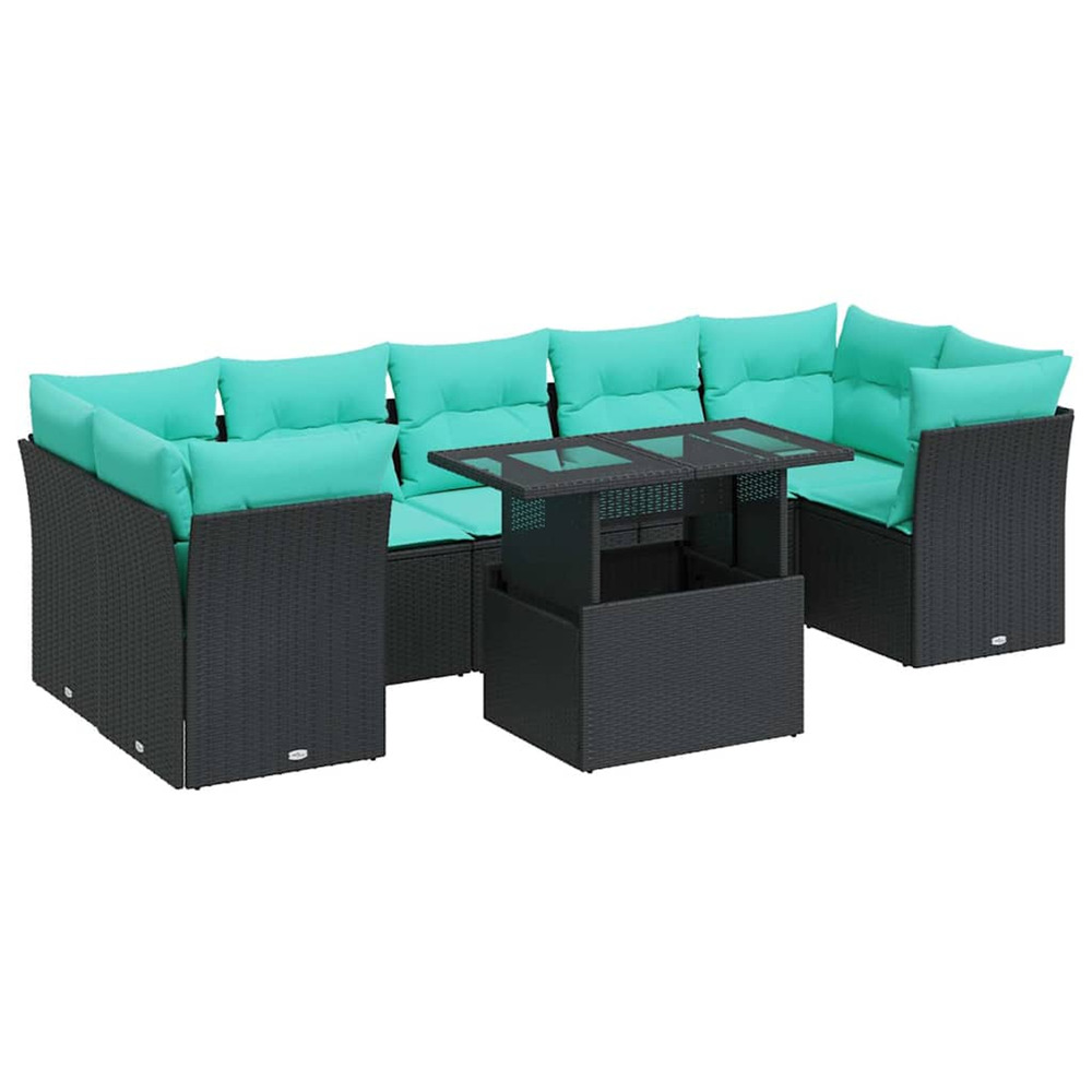 Salon de jardin avec coussins 8 pcs noir résine tressée acacia