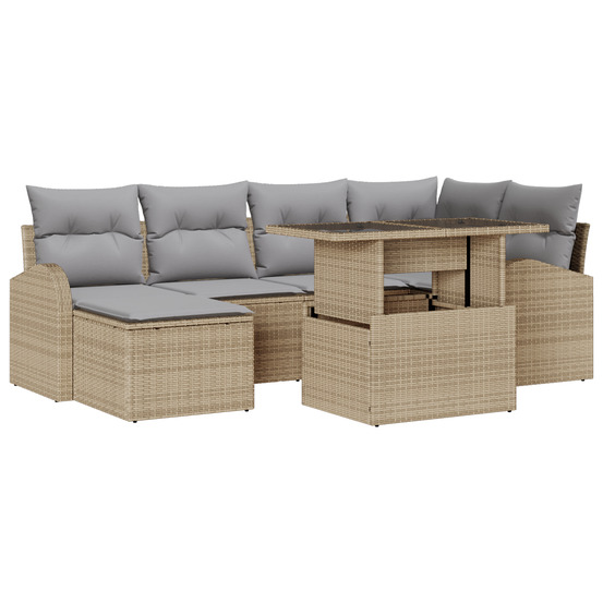 Ensemble de canapés de jardin 7 pièces avec coussins beige poly rattan