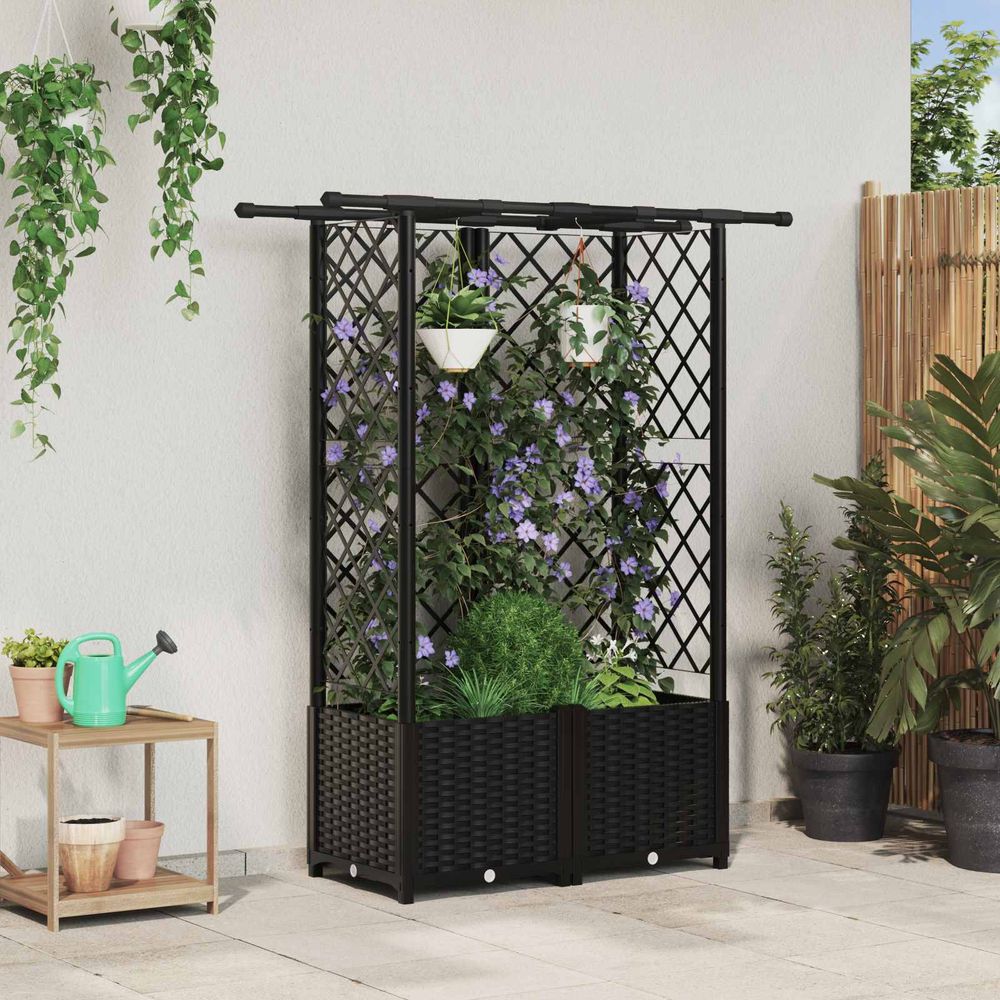 Jardinière surélevée plastique toit plat et treillis pour végétaux grimpants noir