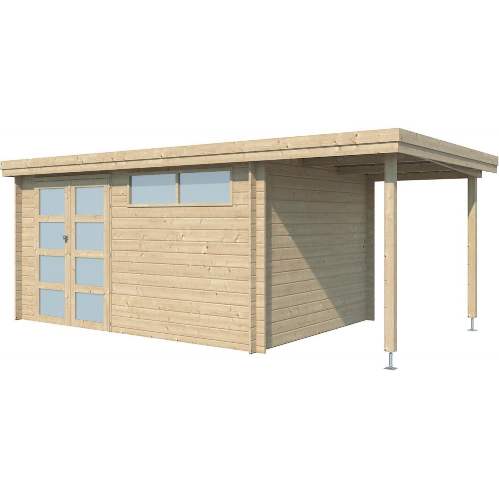Chalet en bois 12.24 m² avec extension moderne avec plancher + gouttière