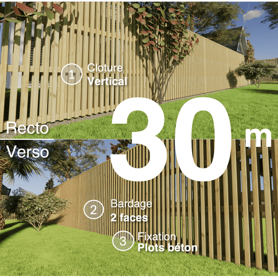 Kit clôture bois moderne 30m – h 1,9m – 45 x 45 mm autoclave – pose vertical – double face – à sceller