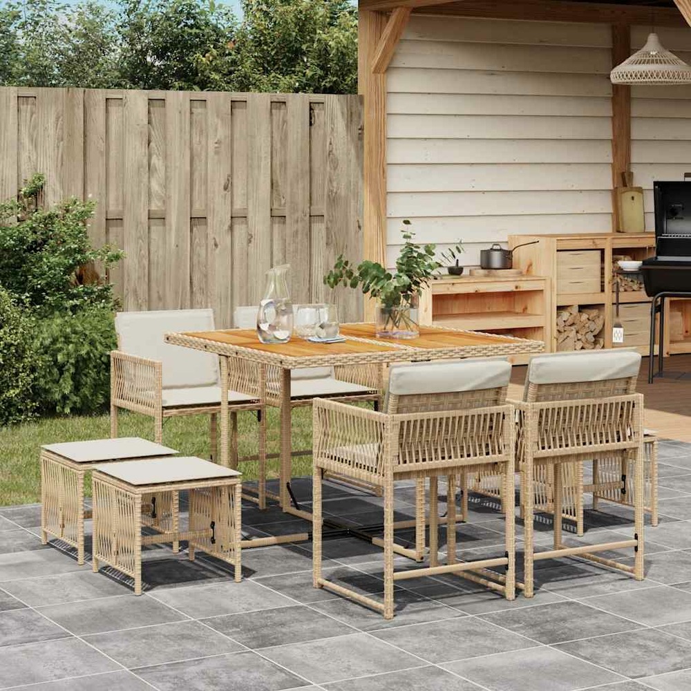 Ensemble à manger de jardin et coussins 9 pcs beige poly rotin
