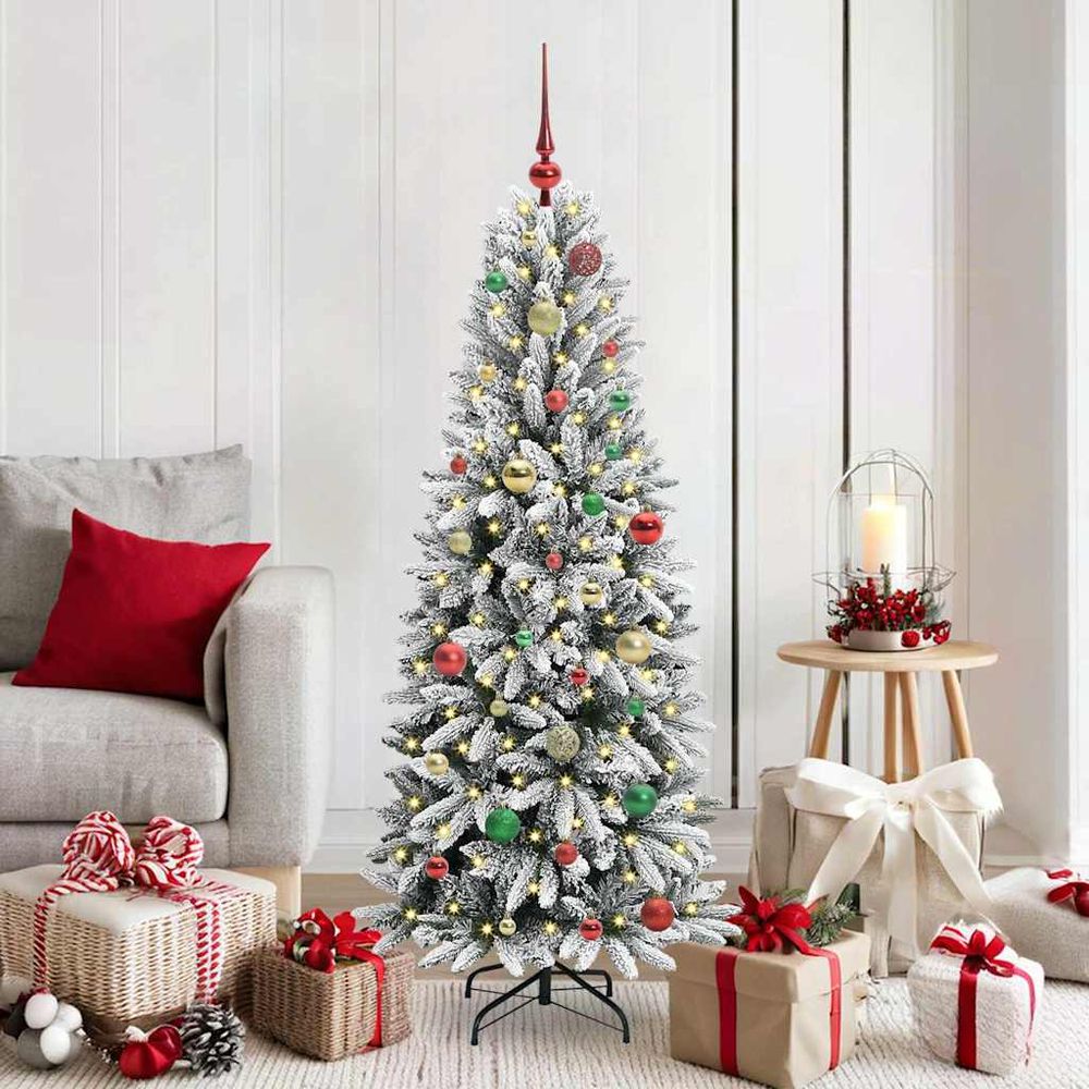 Sapin de noël artificiel 150cm blanc floqué, kit déco avec 150 led et 61 boules incluses