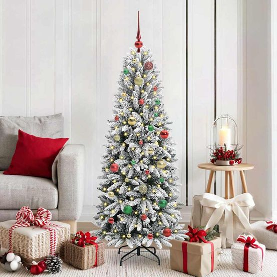 Sapin de noël artificiel 150cm blanc floqué, kit déco avec 150 led et 61 boules incluses