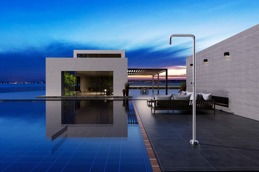 Douche de piscine en acier 316 design elegant et diffuseur anticalcaire