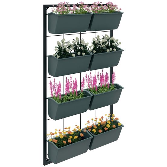 Potager vertical acier balcon 4 niveaux 8 pots drainage 52x14x90cm vert noir
