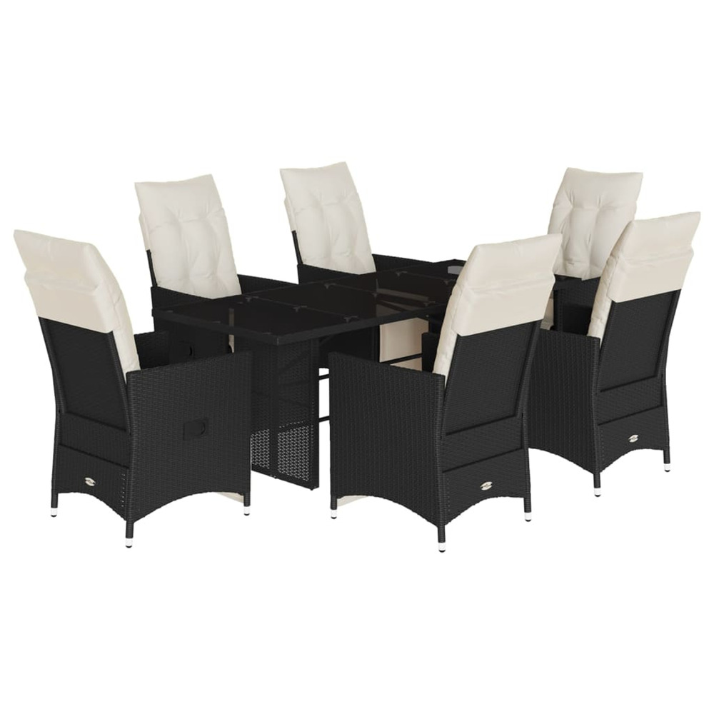 Ensemble à manger de jardin coussins 7 pcs noir résine tressée