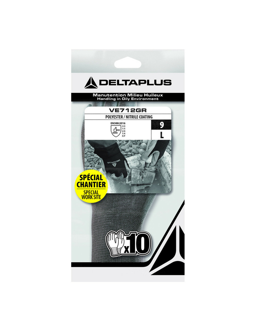 Gants milieu huileux tricot enduit gris sachet de 10 - delta plus