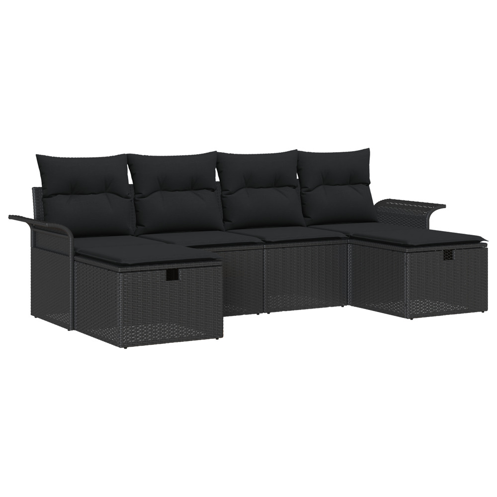 Ensemble de canapé de jardin 6 pièces avec coussins noir poly rotin