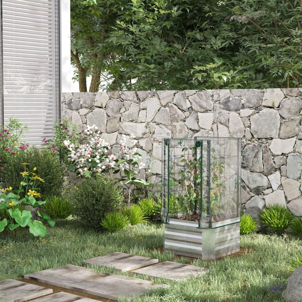 Carré potager surélevé acier serre treillis jardin balcon 3en1 53x53x90cm argent