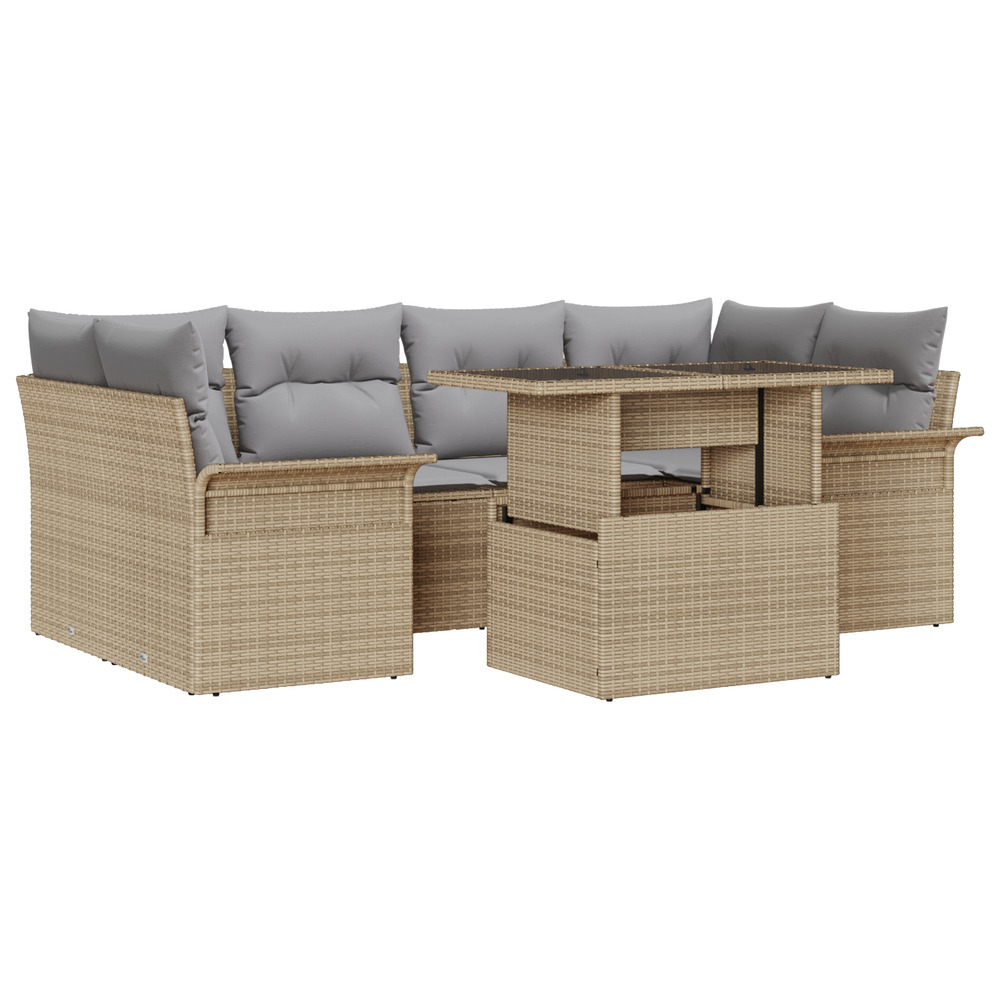 Canapé de jardin 7 pièces avec coussins beige en poly rotin