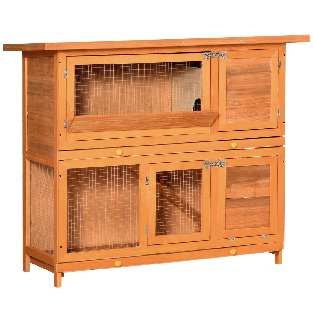 Clapier extérieur 2 niveaux bois rongeurs enclos aéré 120x48x100cm jaune