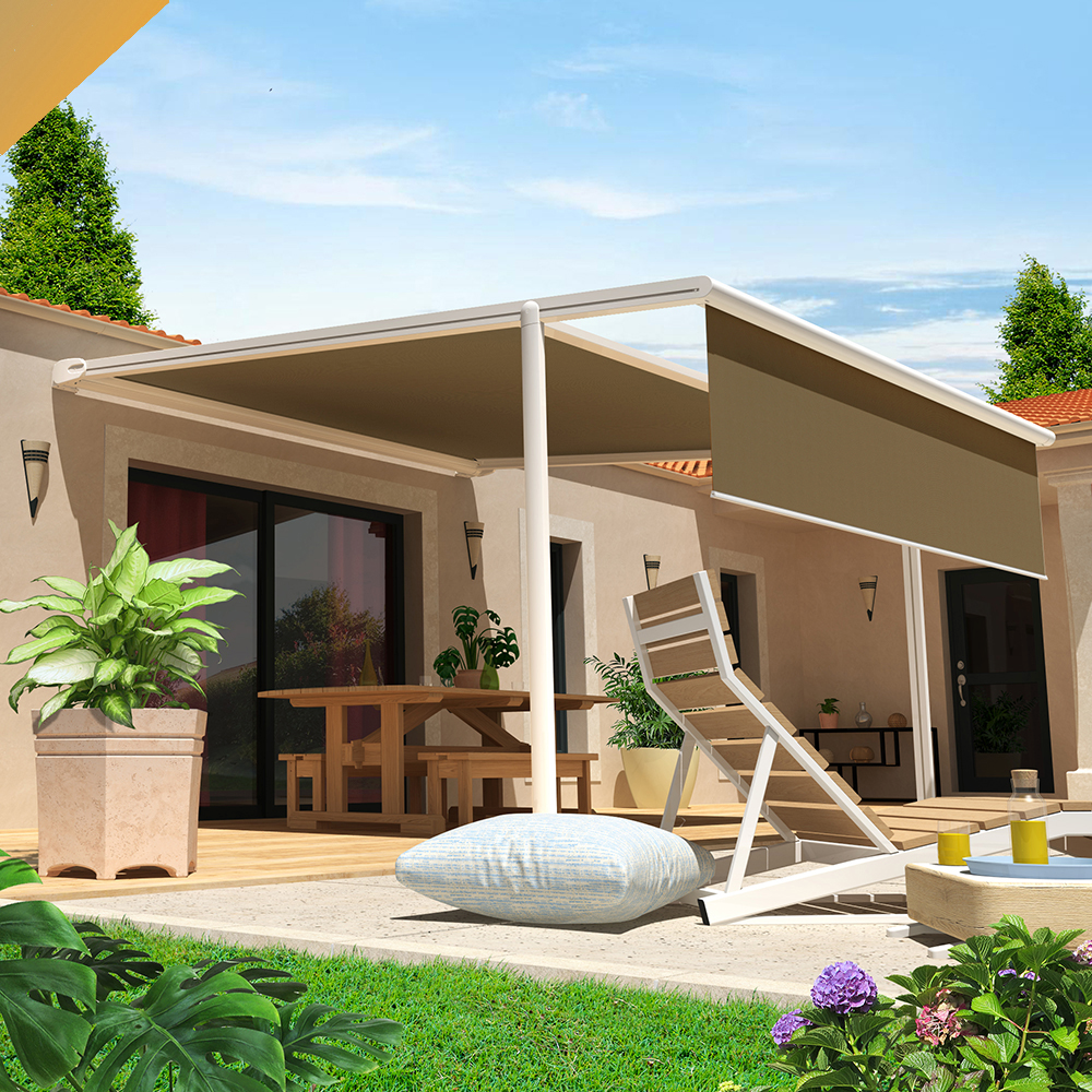 Pergola toile pyrite 4,00x4,00 m motorisé secours à télécommande + led + lambrequin (blanc satiné ral9010 - taupe)