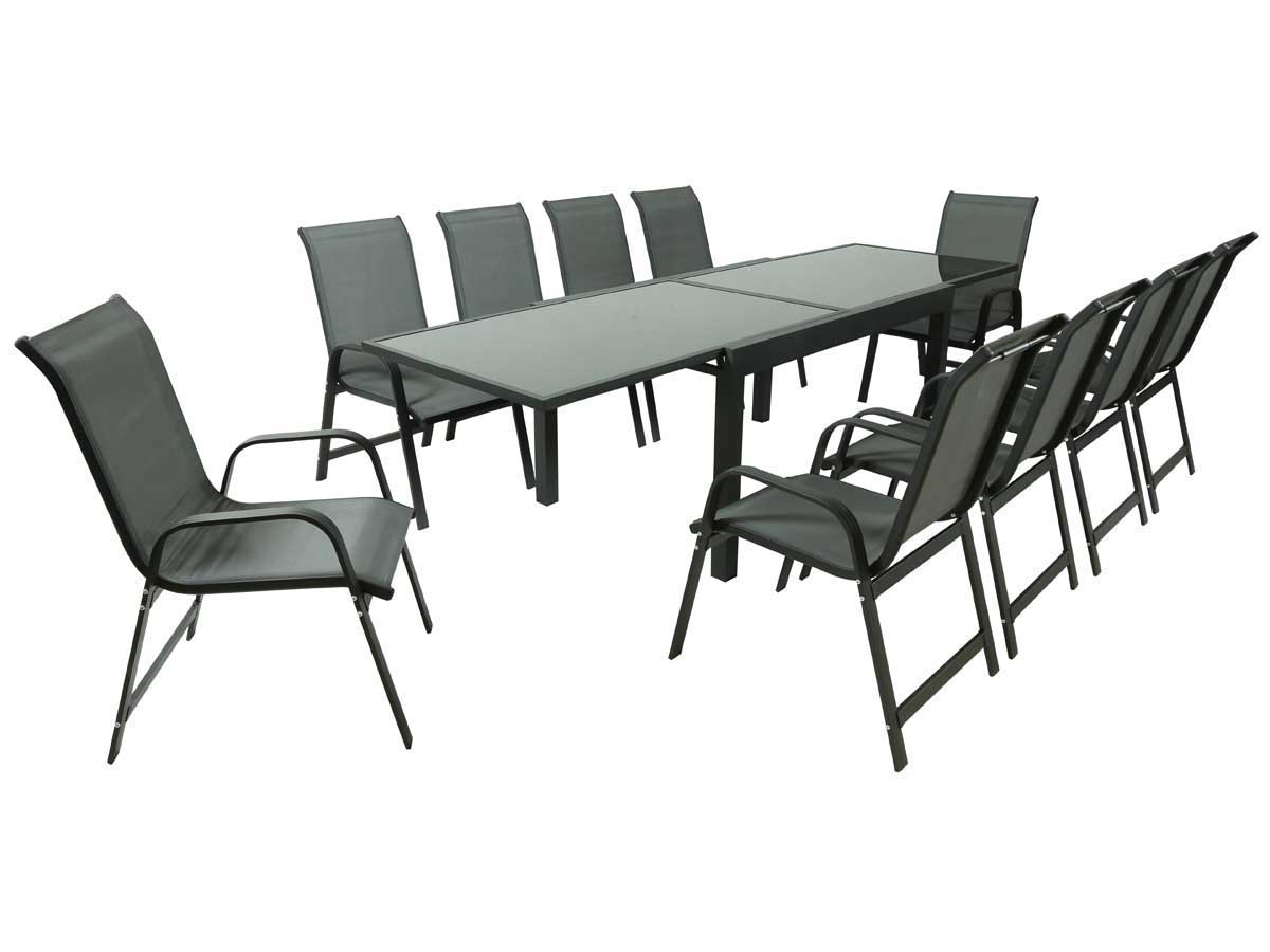 Salon de jardin extensible 140/280 "porto 10" - phoenix - noir/gris foncé - 1 table + 10 fauteuils