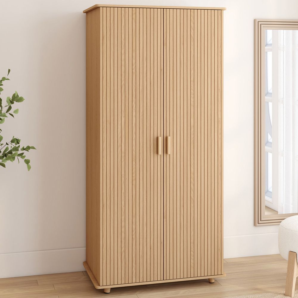 Armoire 2 portes juliette effet lattes tasseau bois coloris chêne penderie 80 cm avec étagères rangement