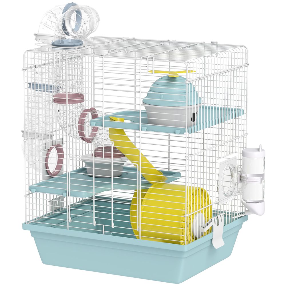 Cage hamster rongeur 3 niveaux métal plastique 34,5 x 27,5 x 41 cm bleu tunnels et roue