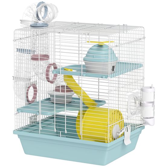 Cage hamster rongeur 3 niveaux métal plastique 34,5 x 27,5 x 41 cm bleu tunnels et roue