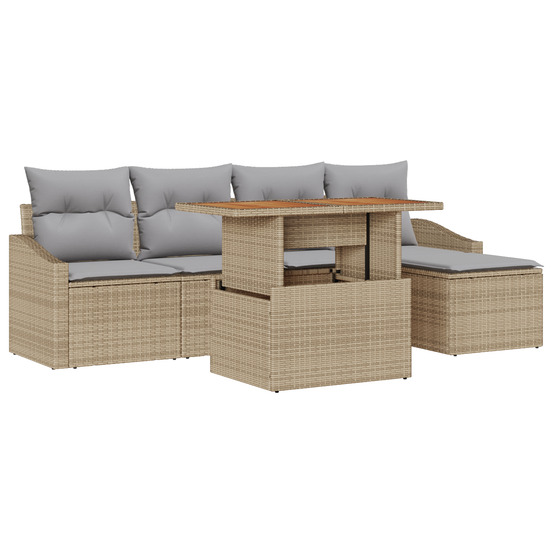 Ensemble repas jardin 6 pièces avec coussins beige poly rattan acacia