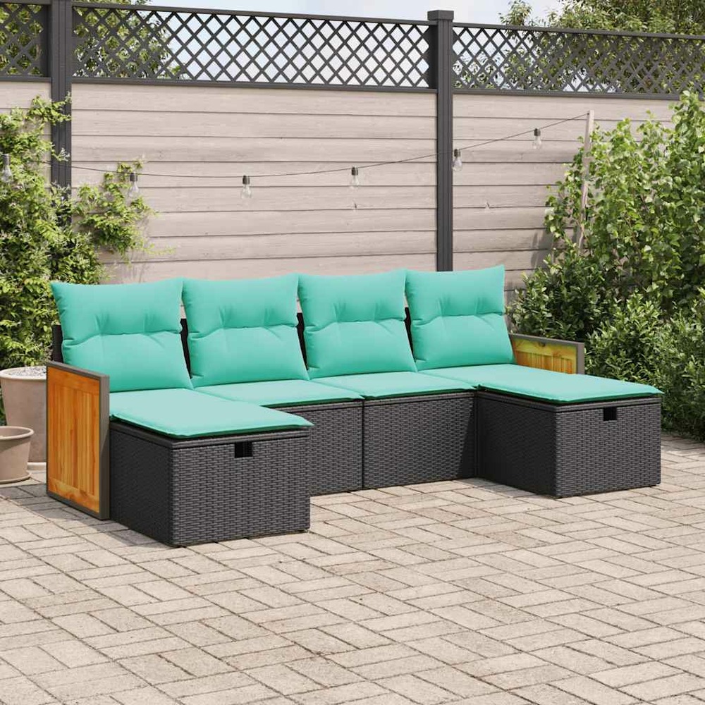 Salon de jardin 6 pcs avec coussins noir résine tressée