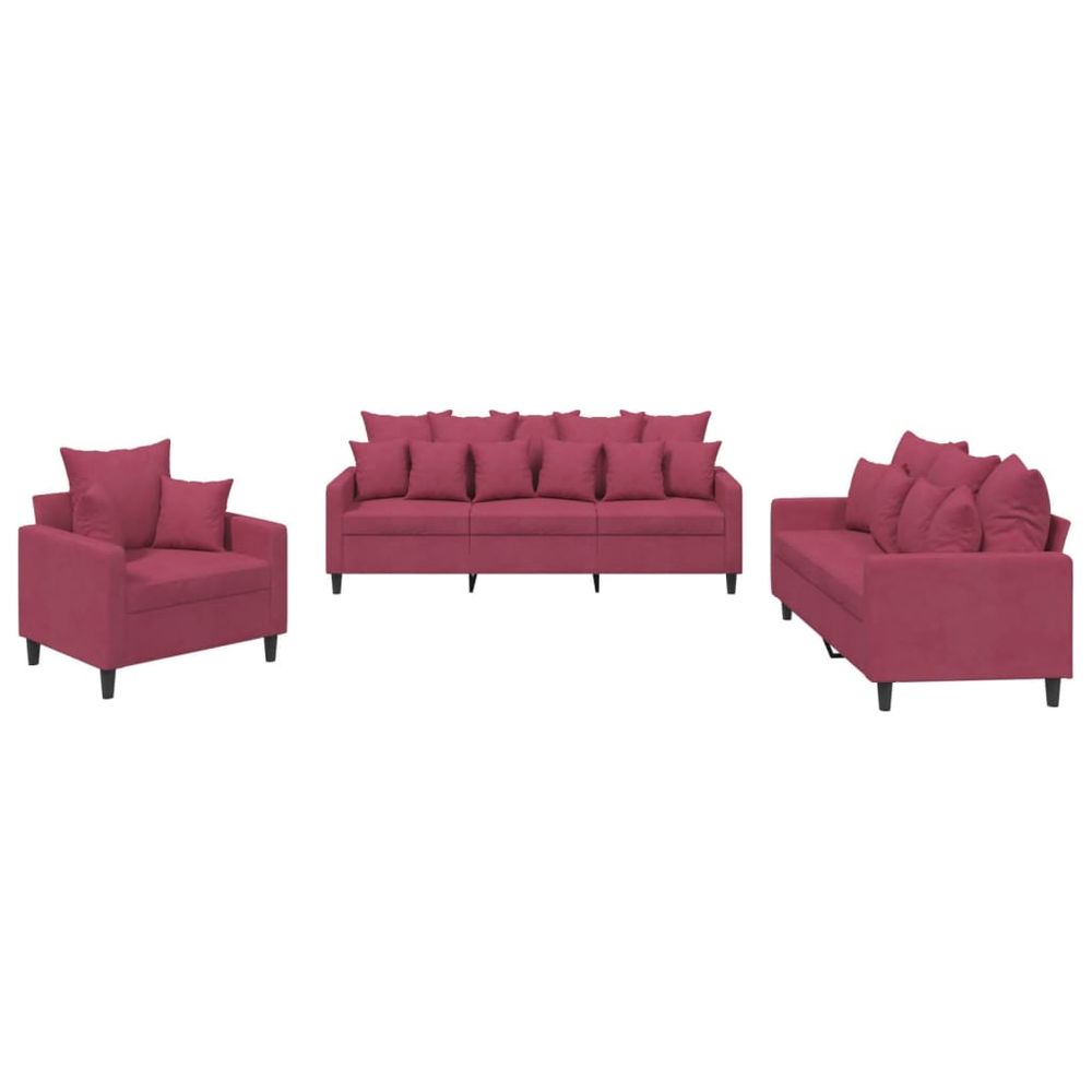 Ensemble de canapés 3 pcs avec coussins rouge bordeaux velours