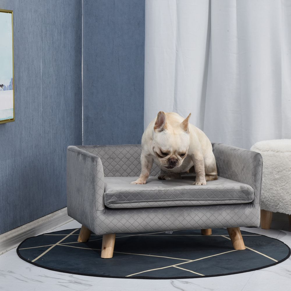 Canapé pour chien effet velours et bouleau 64 x 45 x 36 cm gris foncé pour petit chien avec coussin doux
