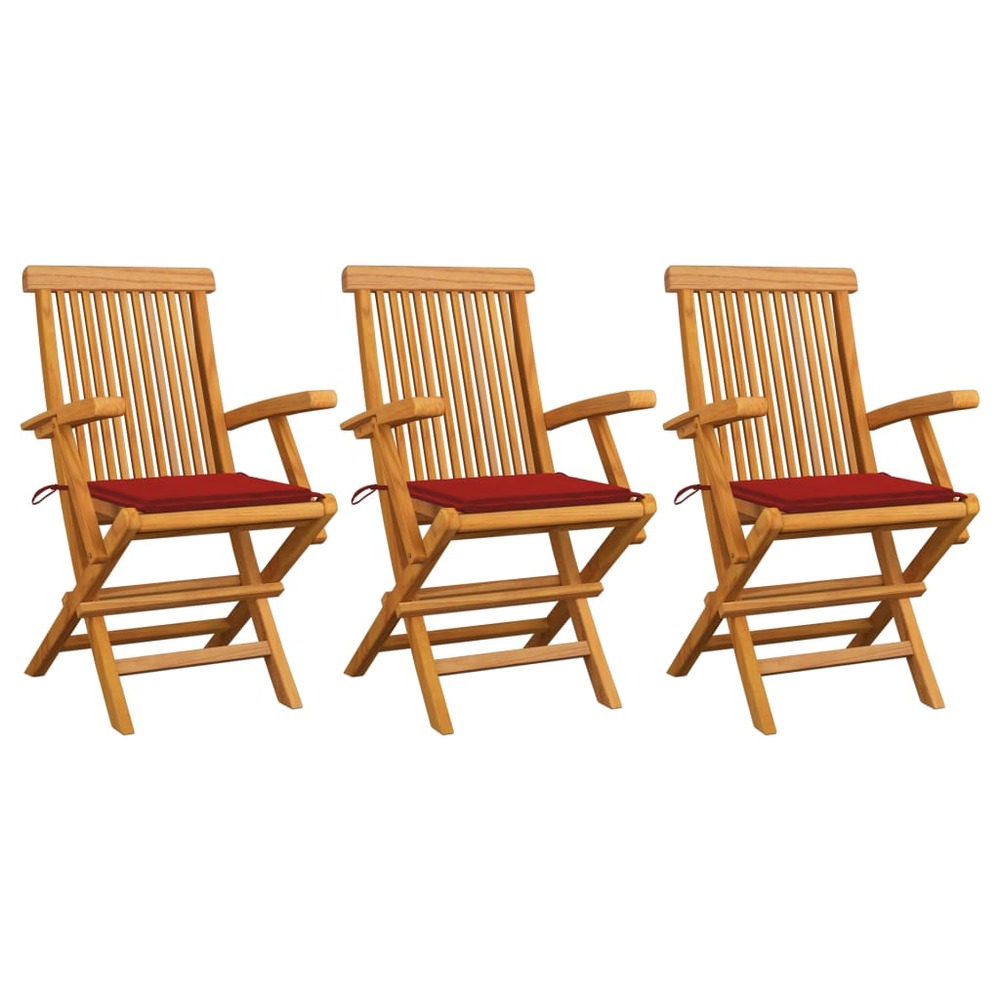 Chaises de jardin avec coussins rouge 3 pcs bois de teck massif