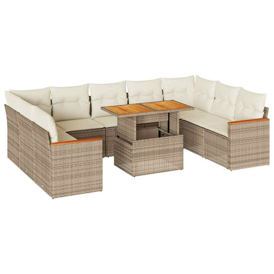 Salon de jardin avec coussins 10pcs beige résine tressée acacia