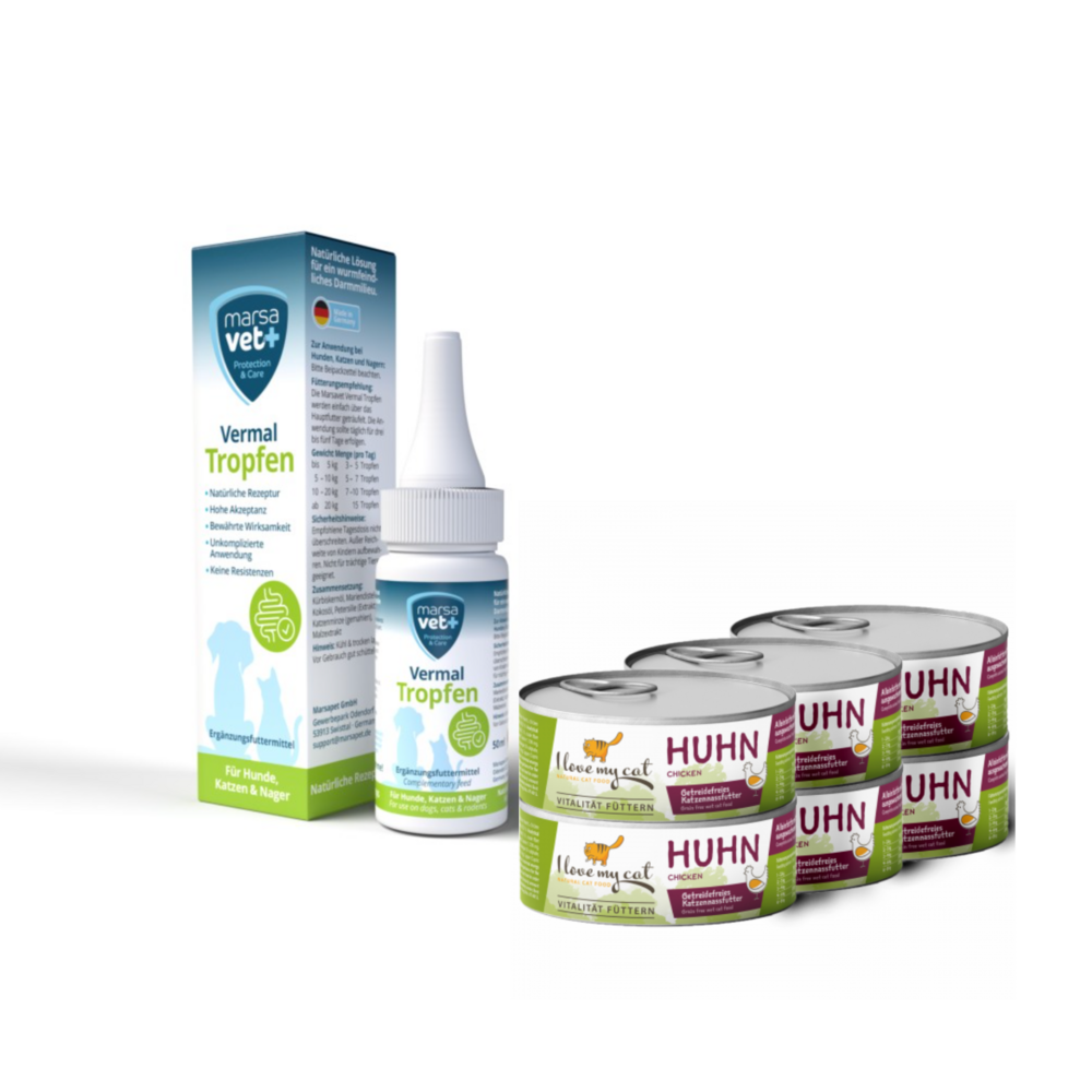 Vermal set pour chats marsavet vermal gouttes 50 ml + i love my cat nourriture humide au poulet 6x100 g