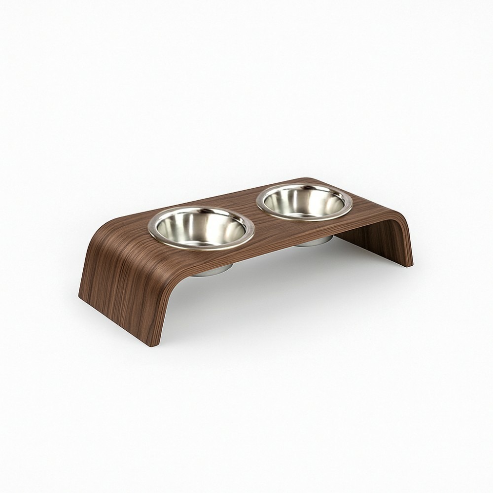 Gero - set de 2 gamelles surélevées en acier, socle bois noyer, 44x17x10cm