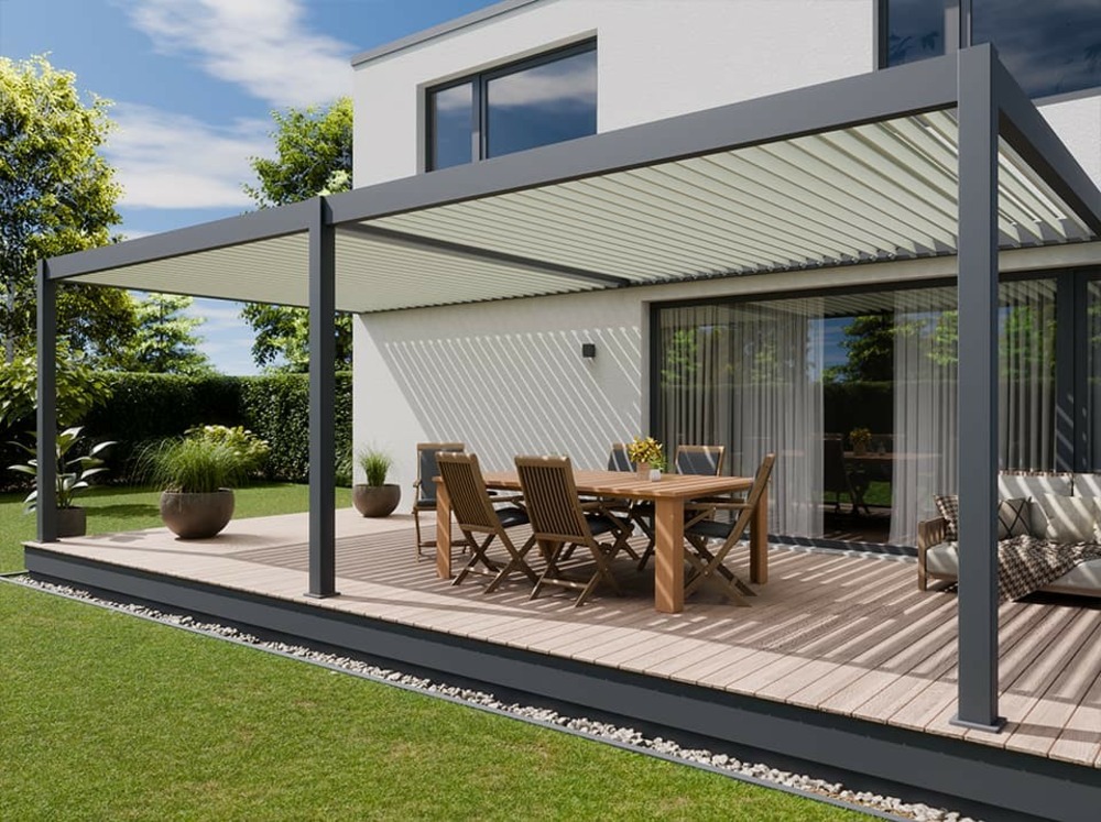 Pergola bioclimatique aluminium adossee 32m² - 4x8 - anthracite - lames orientables jusque 120 degrés - halo