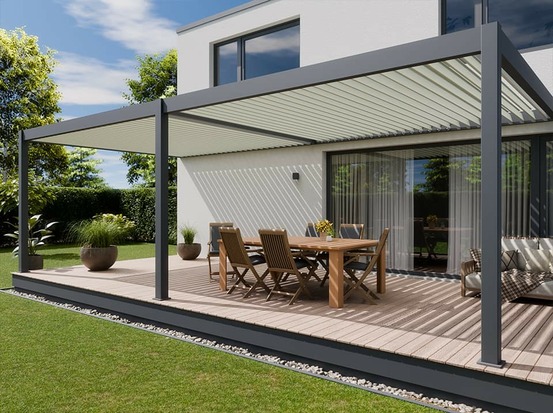 Pergola bioclimatique aluminium adossee 32m² - 4x8 - anthracite - lames orientables jusque 120 degrés - halo