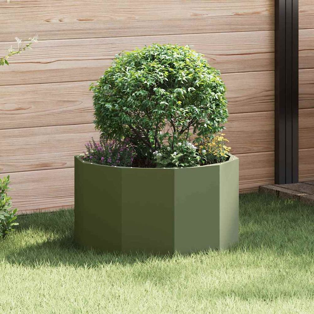 Petit pot de fleur rond en acier pour balcon vert olive 60x60 cm