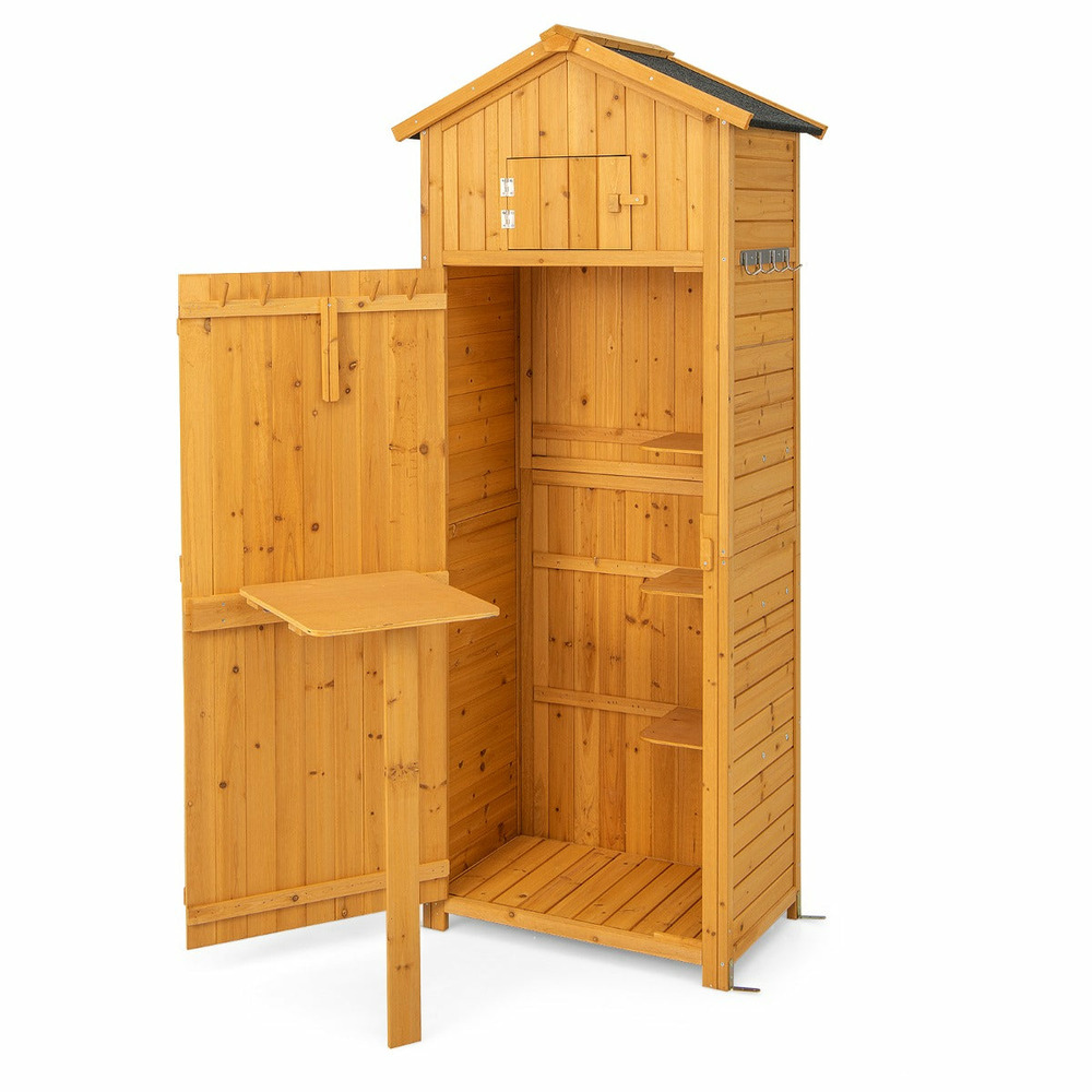 Armoire de jardin en bois imperméable avec toit abri de jardin avec table pliable étagères et 8 crochets 75 x 50 x 180,5 cm 2