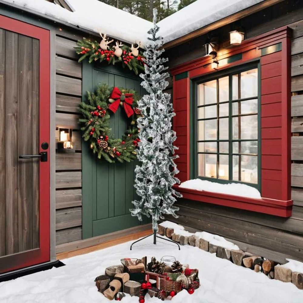 Demi sapin de noël artificiel mince avec neige floquée 240 cm