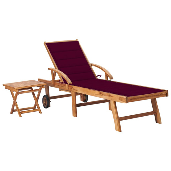 Chaise longue avec table et coussin bois de teck solide bain de soleil