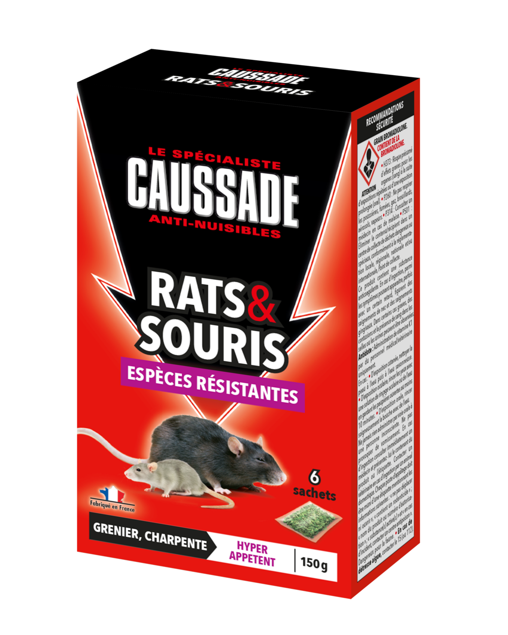 Caussade anti rats & souris - 150 g - efficacité radicale - spécial rats & souris résistants - 6 sachets céréales carscbr150