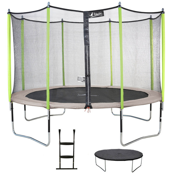 Trampoline 360 cm + filet de sécurité + échelle + bâche jumpi taupe/vert 360