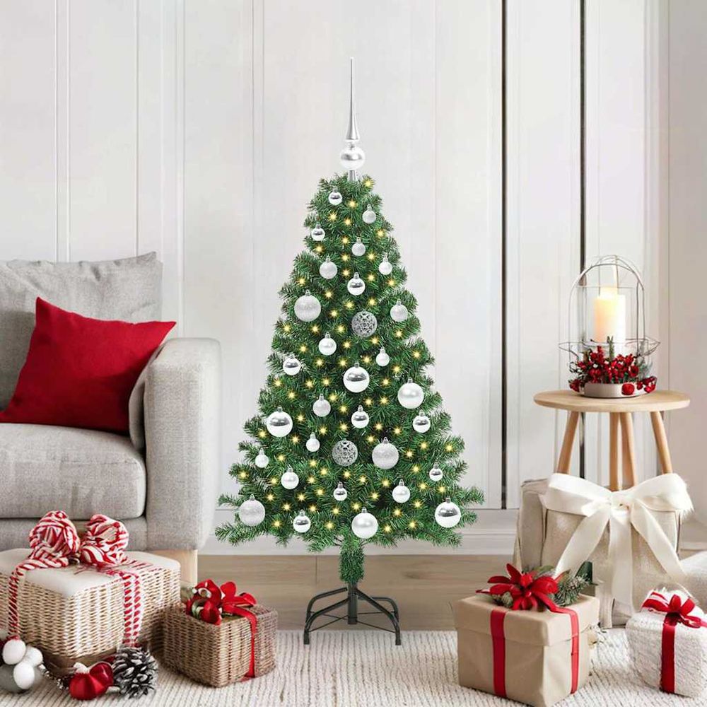 Sapin de noël artificiel et lumineux 120cm, set complet avec cimier et 61 boules