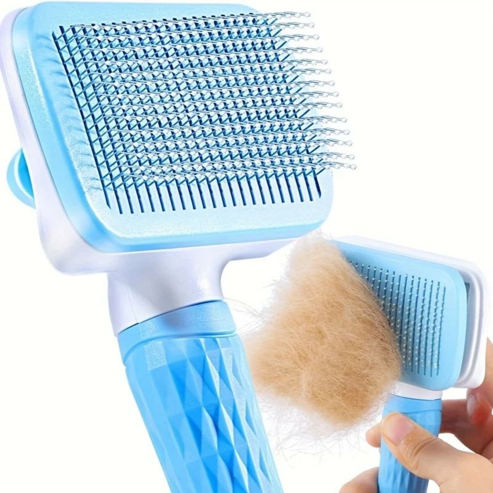 Brosse autonettoyante en silicone bleu, épilation en une seule touche pour chats et chiens