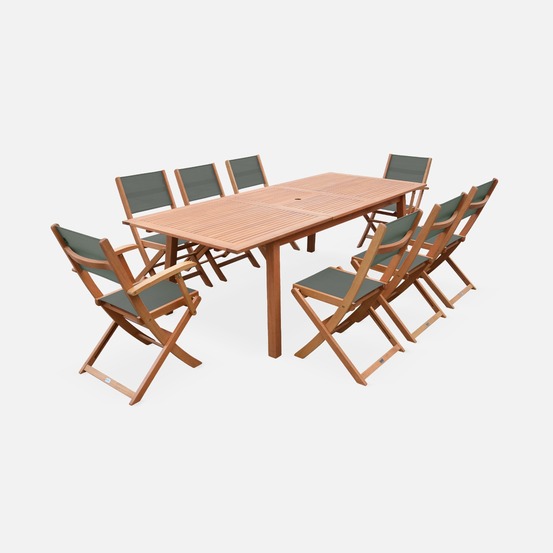 Salon de jardin en bois almeria, grande table 180-240cm rectangulaire 2 fauteuils 6 chaises eucalyptus et textilène