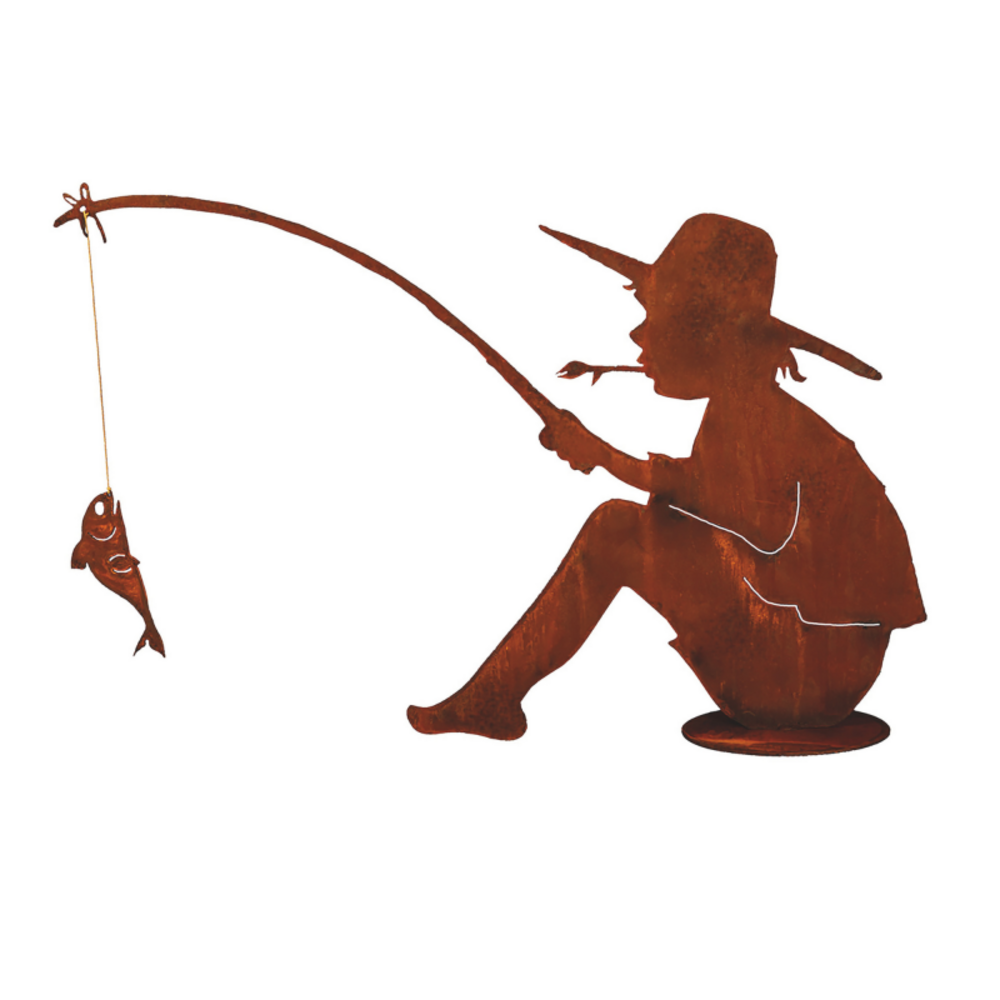 Sculpture petit pêcheur métal patine rouille : déco jardin - rouille