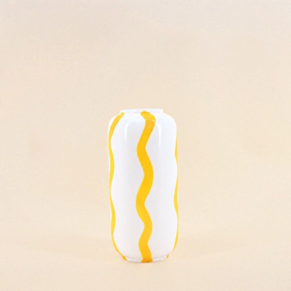 Vase rayé en céramique blanc / jaune, h20cm