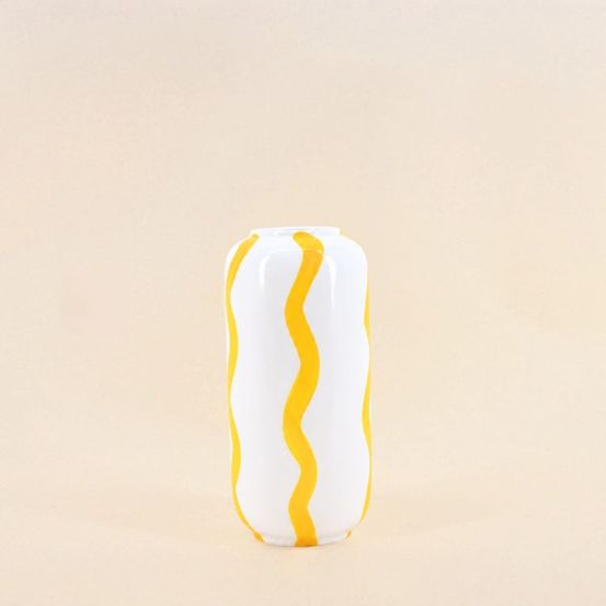 Vase rayé en céramique blanc / jaune, h20cm