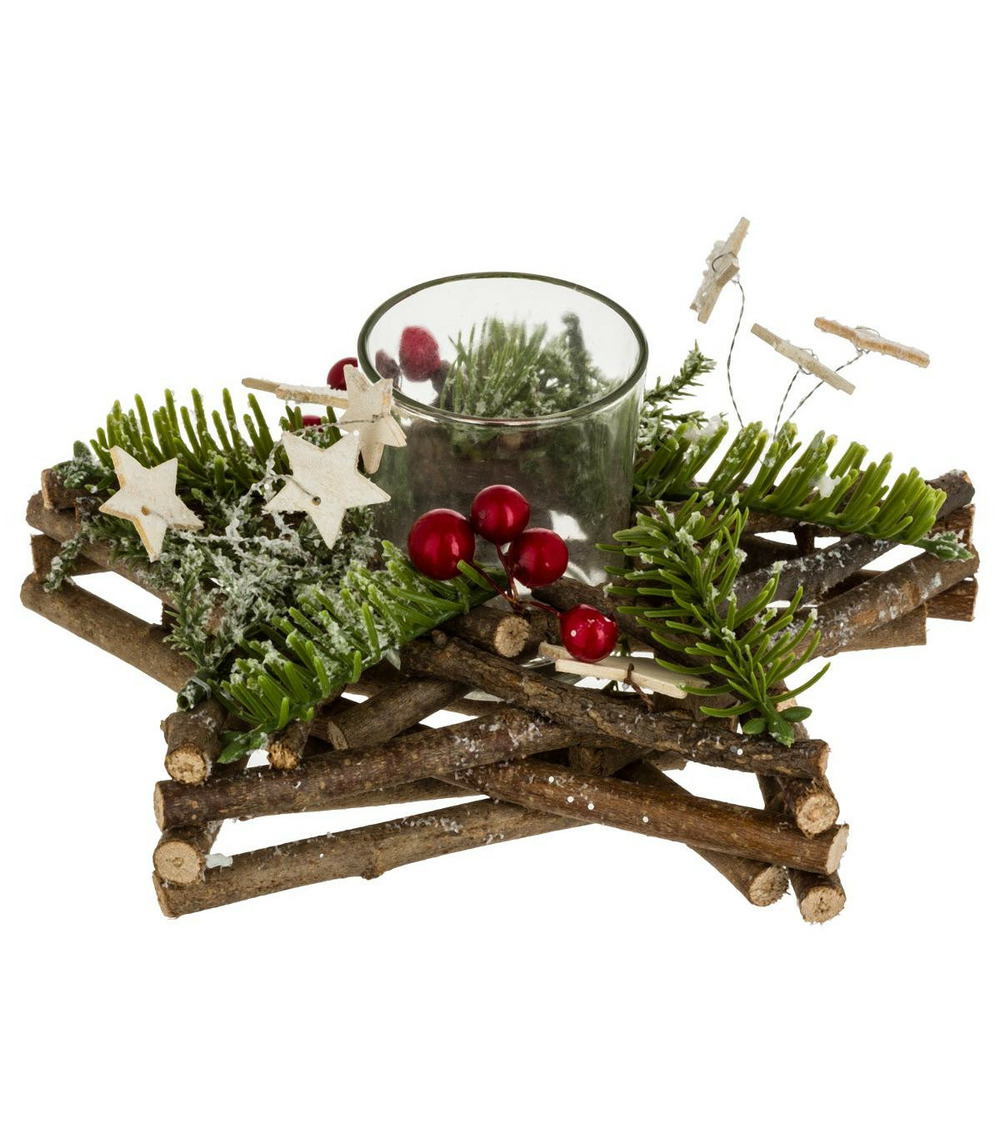 Bougeoir centre de table etoile en bois décoré noël & photophore en verre